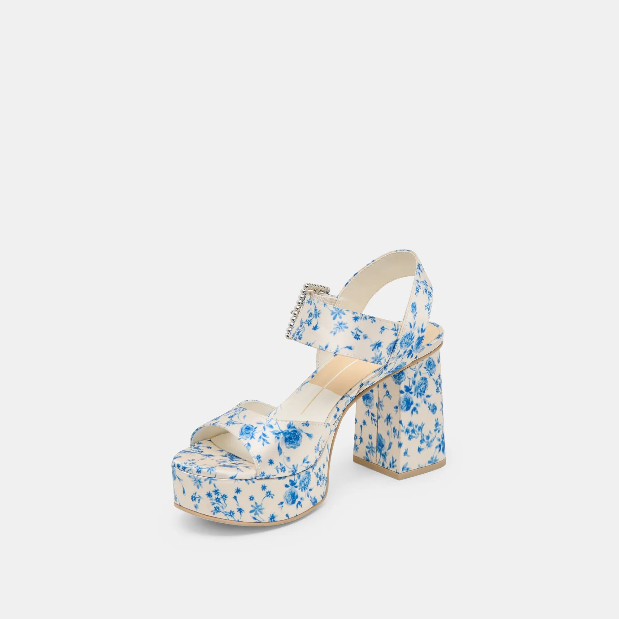 BOBBY PEARL HEELS BLUE FLORAL SATIN Flexible Fit Comfort Technology