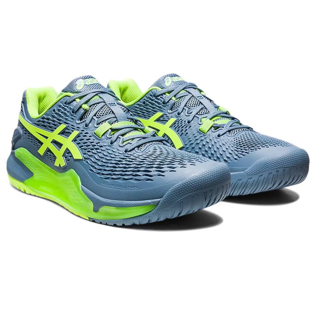 Asics Gel-Resolution 9 Tennis Shoes - Steel Blue/Hazard Green Stretchable Unisex Fit