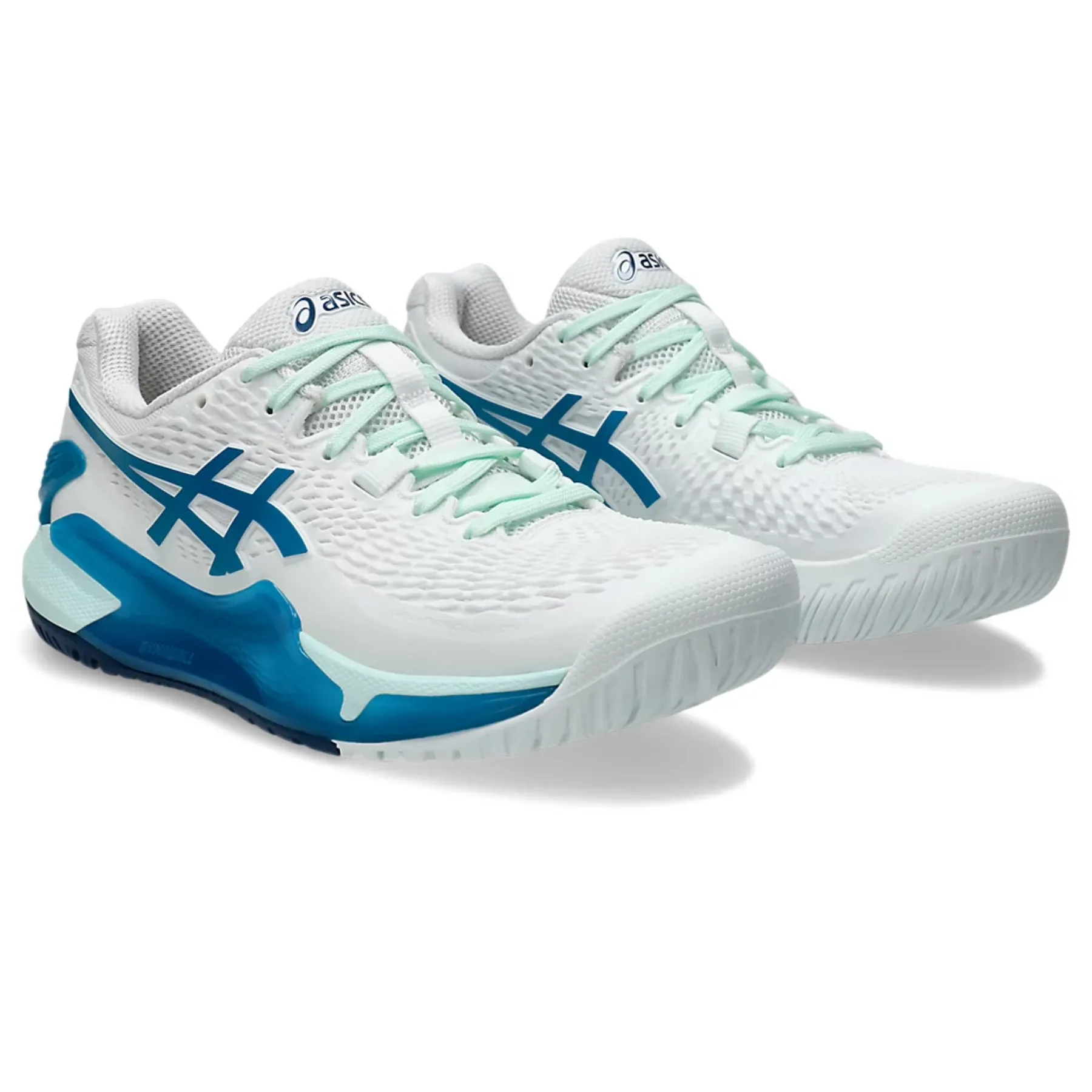 Gym workout Pace Ready Asics Gel-Resolution 9 Women Tennis Shoes - White/Teal Blue
