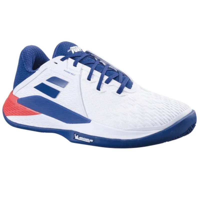 Supportive Design Balanced Style Babolat Propulse Fury 3 Clay Mens Tennis Shoes - White/Estate Blue