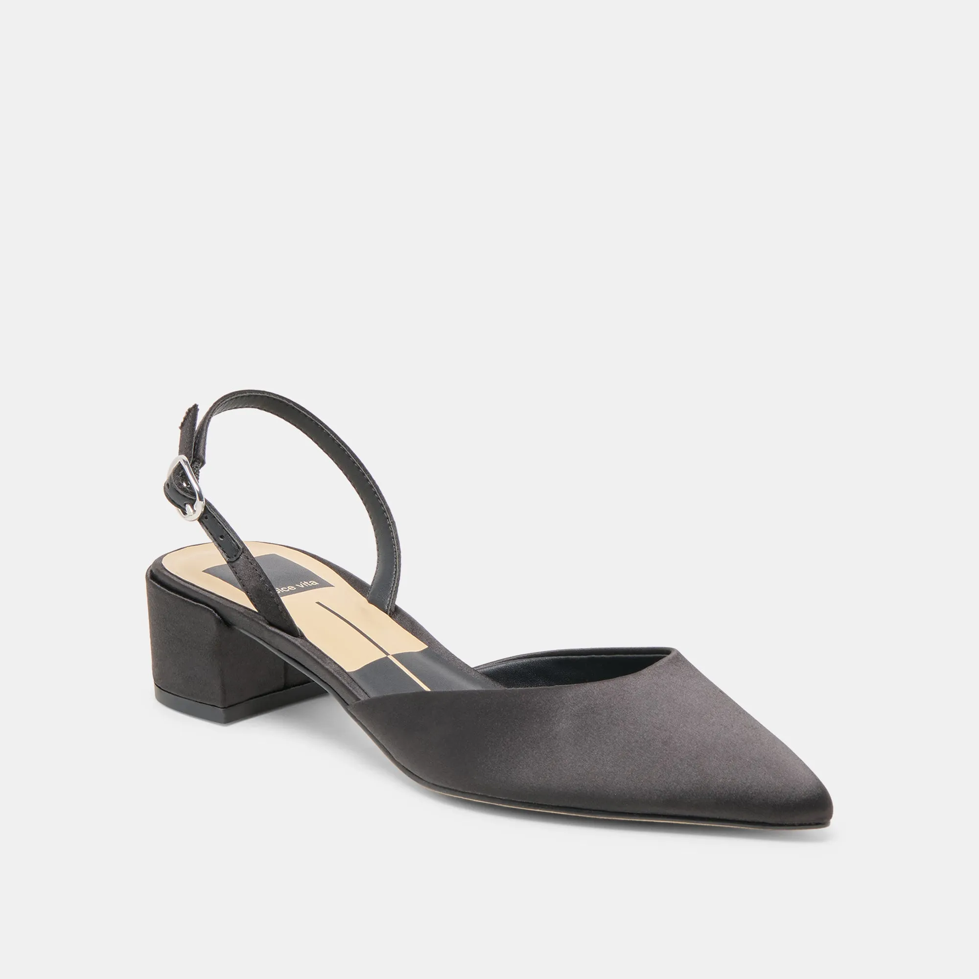 Open Heel Shoes Supportive Footbed CAREL HEELS ONYX SATIN