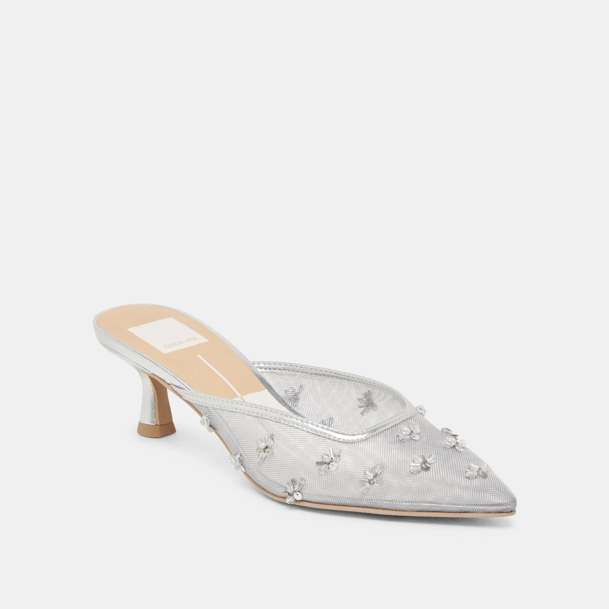CLARA WIDE HEELS SILVER MESH Sleek Leather Pumps Multi Directional