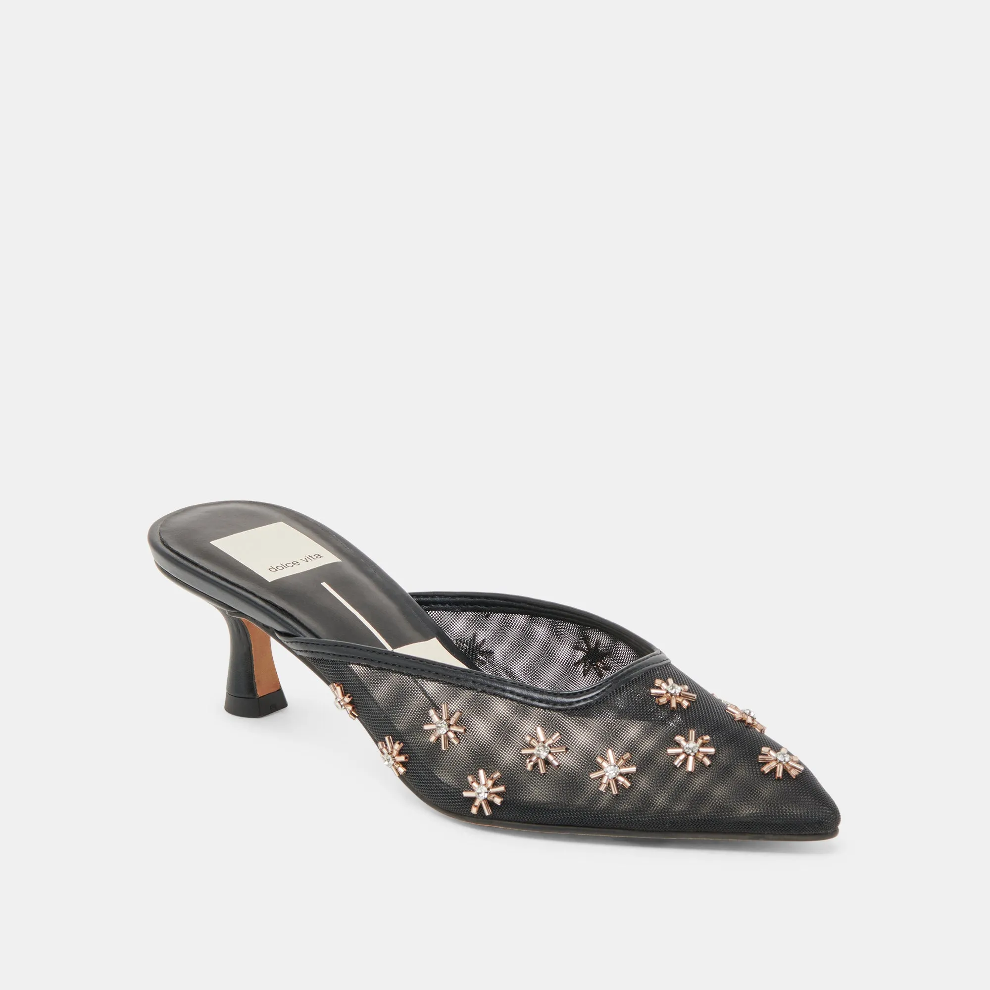 CLARA WIDE HEELS BLACK MESH Embellished Adjustable Straps