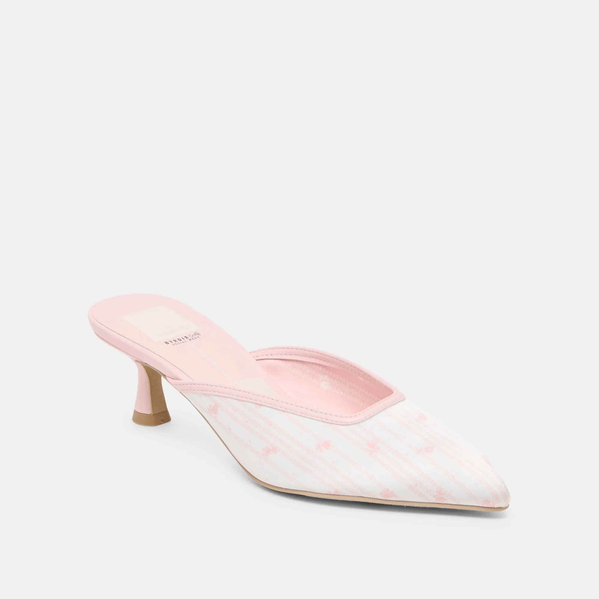 CLEO X BYRDIE GOLF WIDE HEELS PINK FLORAL SATIN Luxe Boots with Heels Chic White Stilettos