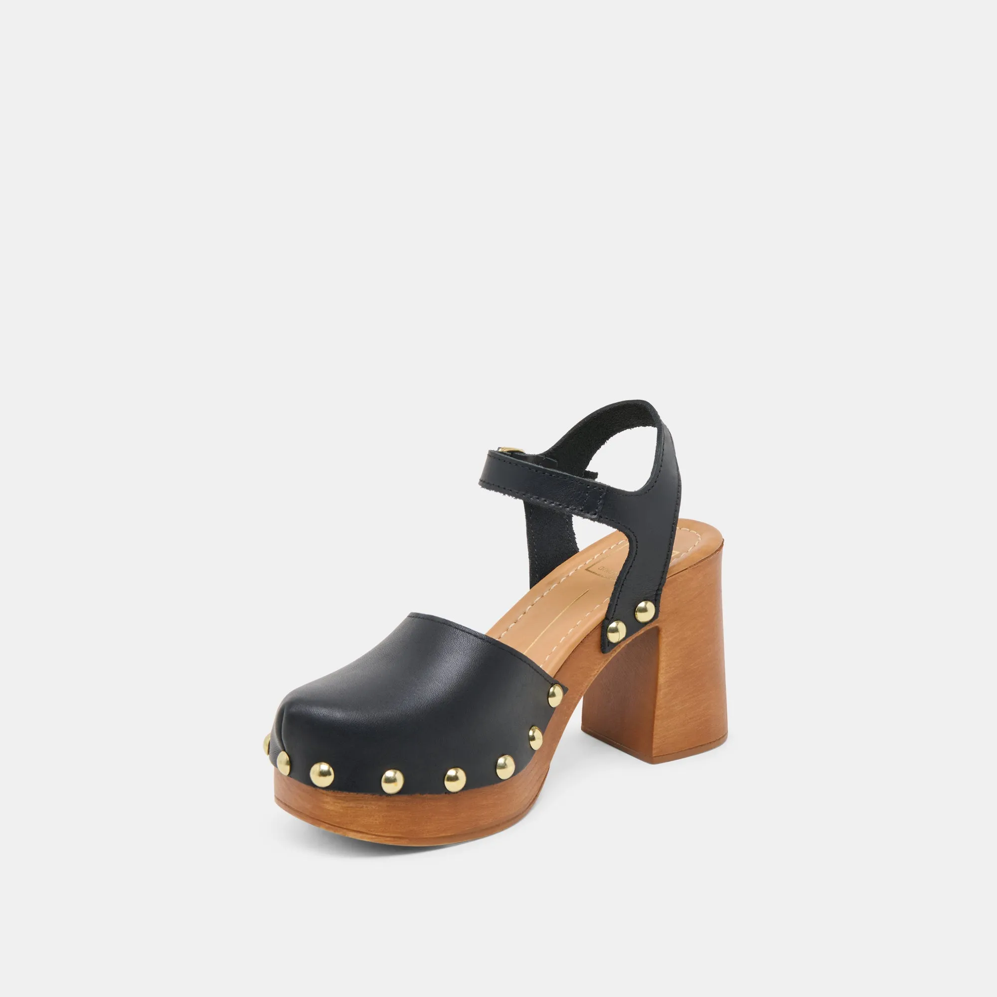 CLOVER HEELS BLACK LEATHER Block Heel