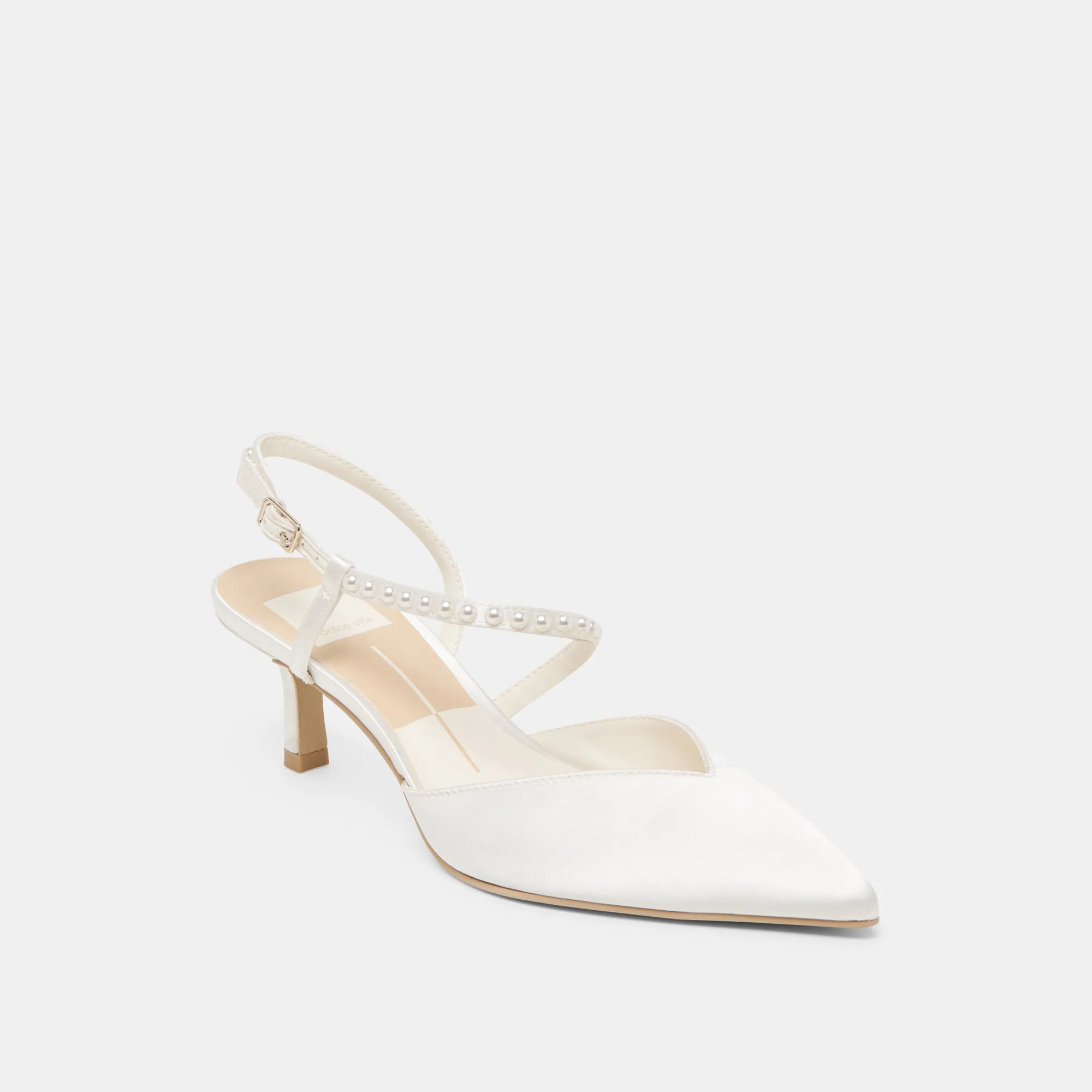 KAMRA PEARL MID HEELS TRUE WHITE SATIN Outdoor Wedding Heels
