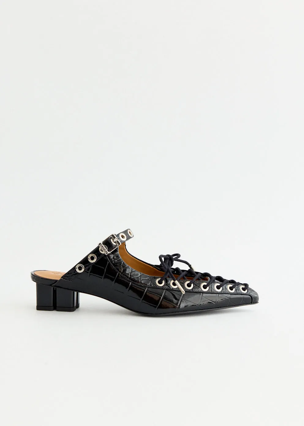 Adjustable Straps Croco Eyelets Lace Up Mules