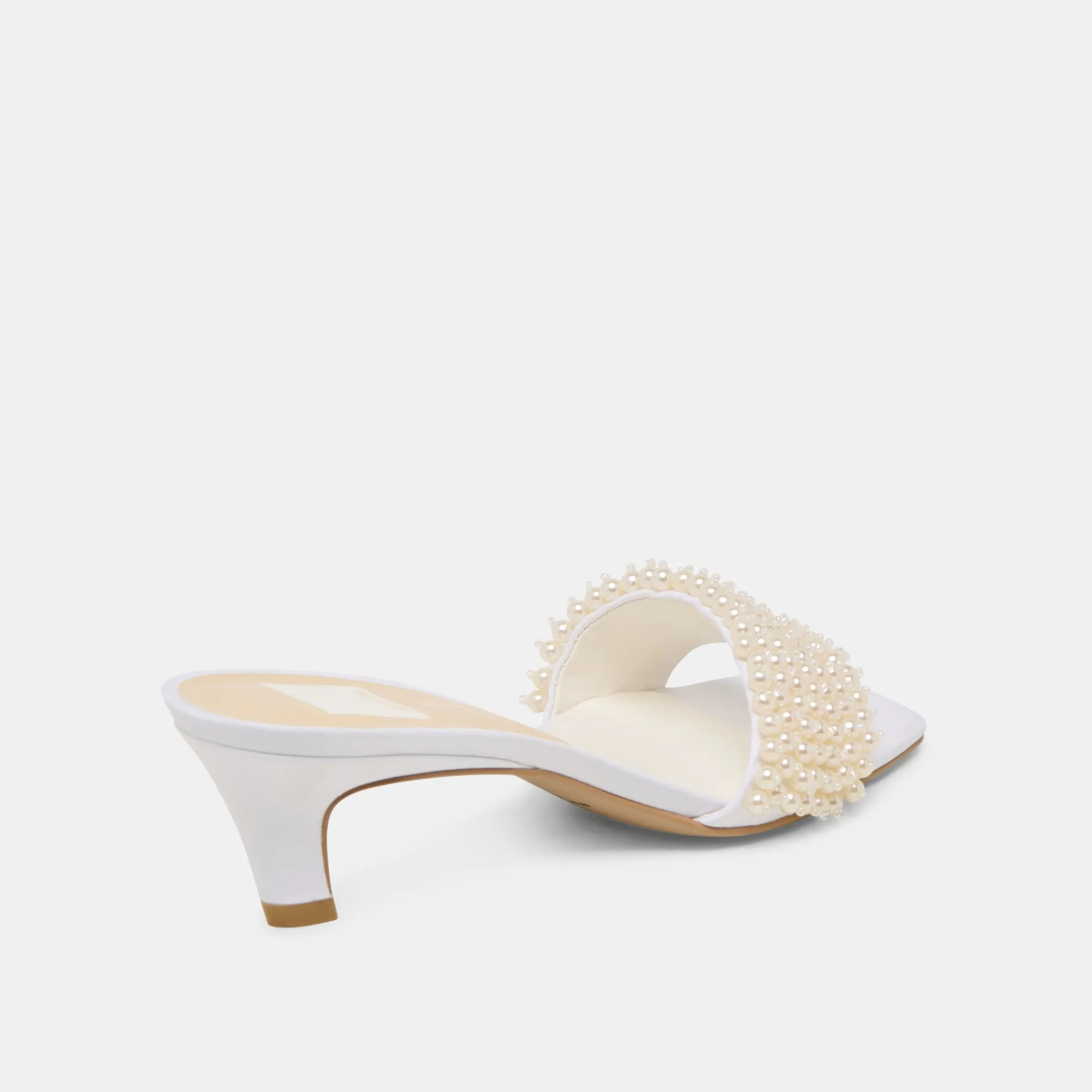 Beach Wedding Heels Ankle Strap Shoes REXA PEARL HEELS OFF WHITE SATIN