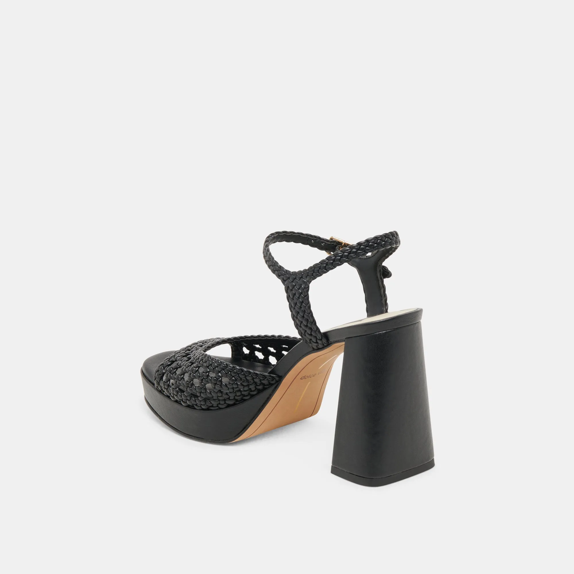 PEYTEN WIDE HEELS BLACK WOVEN STELLA Open Back Heeled Sandals Ankle Strap Shoes