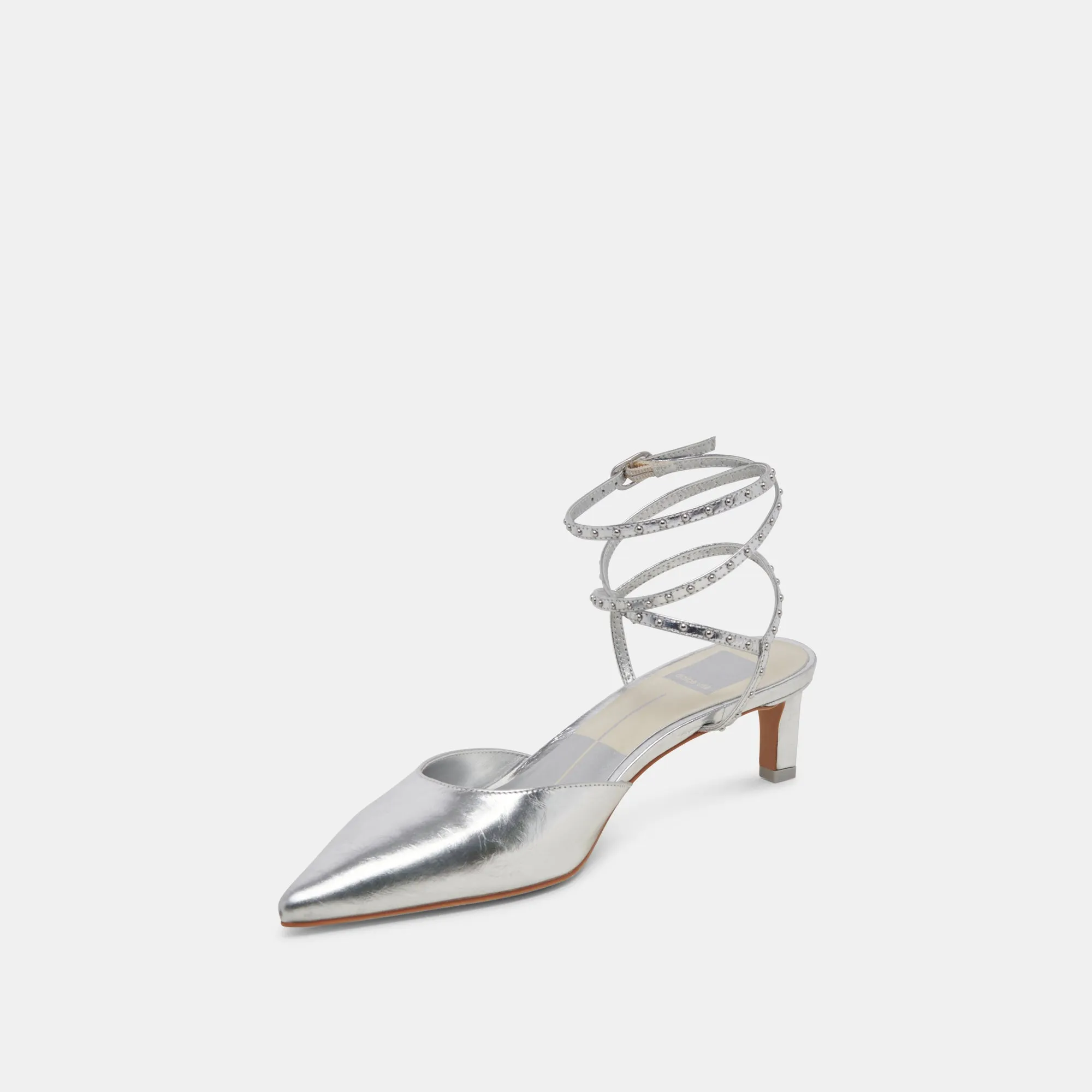 LOKLYN STUD HEELS SILVER CRINKLE PATENT Easy Slip On