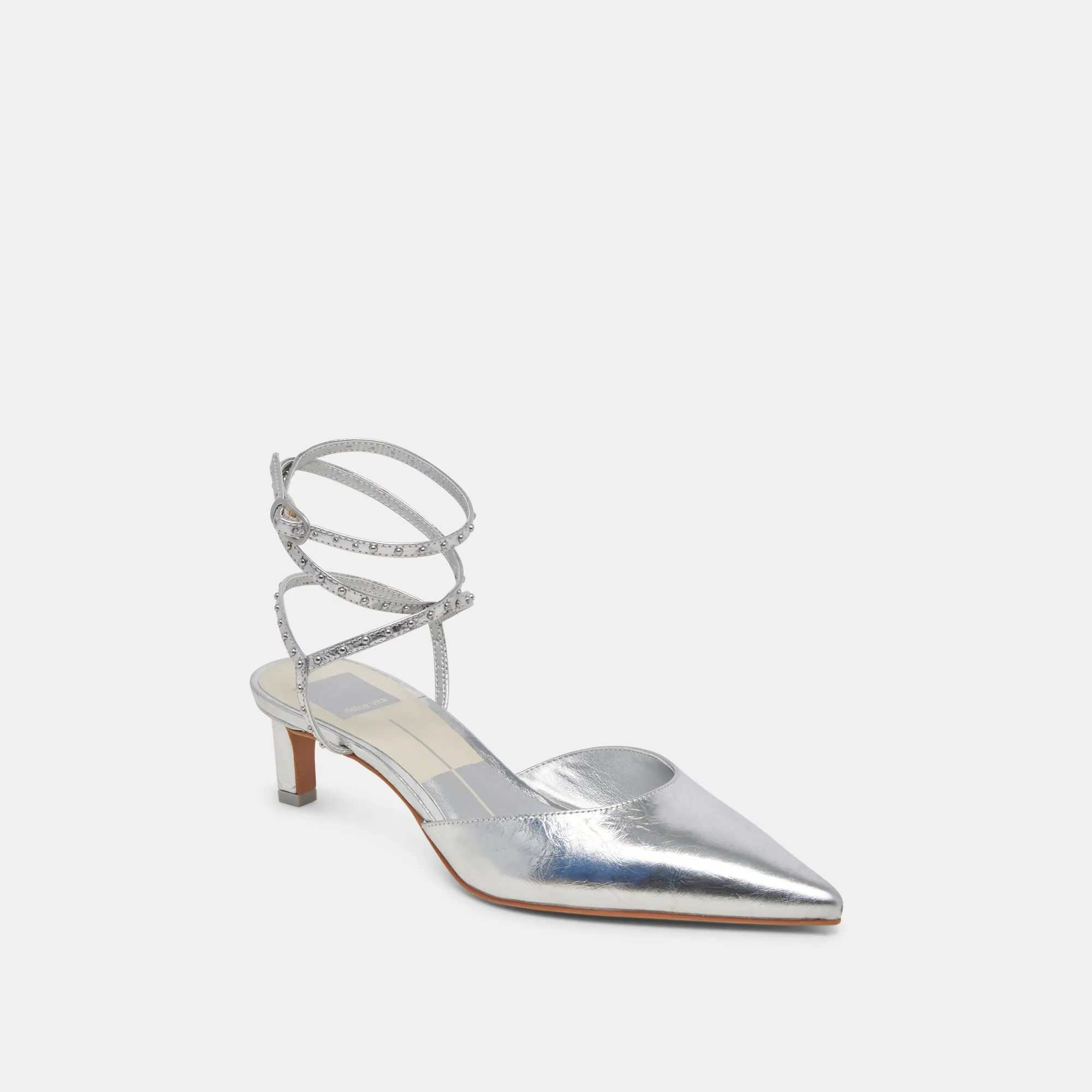 LOKLYN STUD HEELS SILVER CRINKLE PATENT Chic Wedding Sandals Smart High Heels