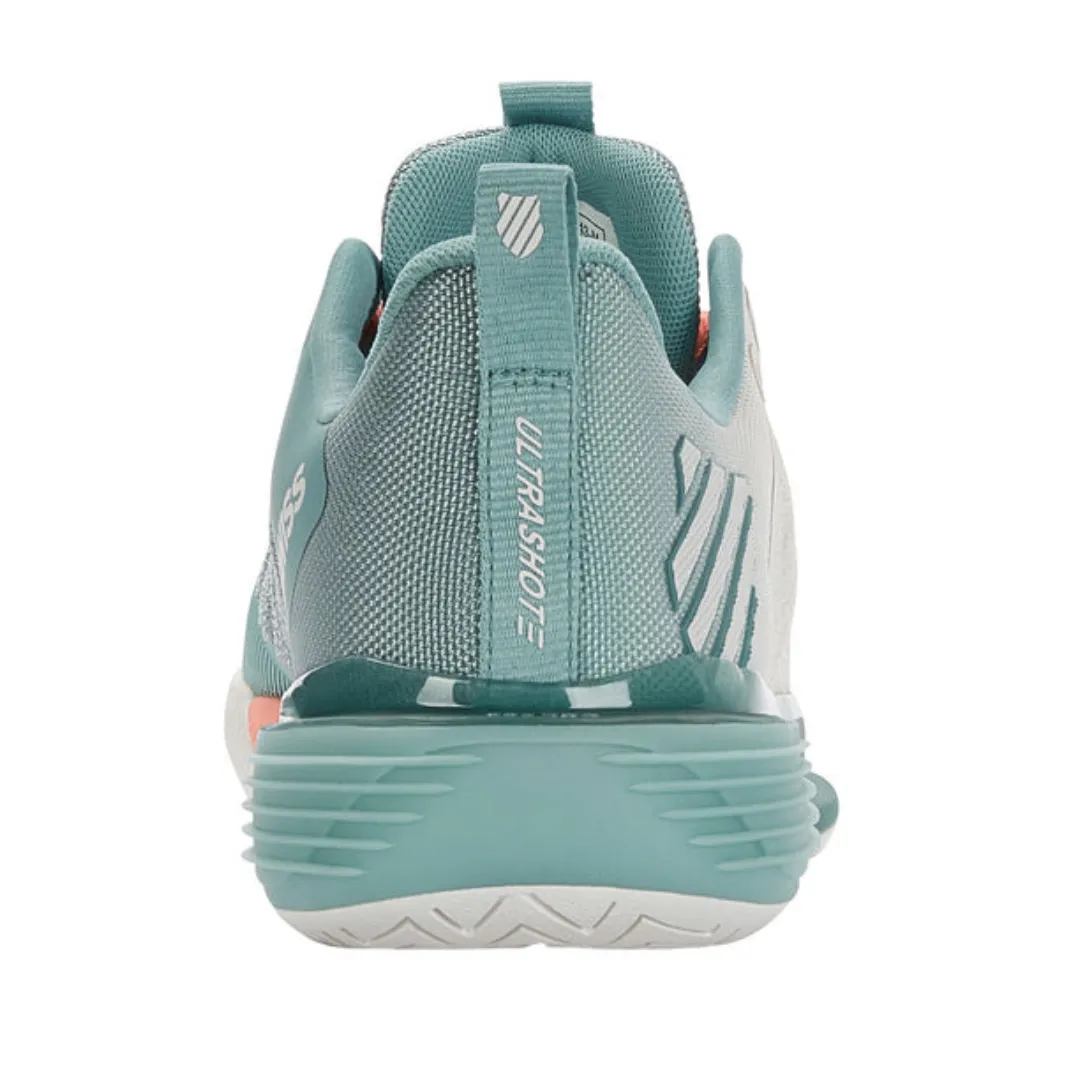 Mobility Gear Breathable knit K Swiss Ultrashot 3 Women Tennis Shoes  - Blanc de Blanc/Nile Blue/Desert Flower