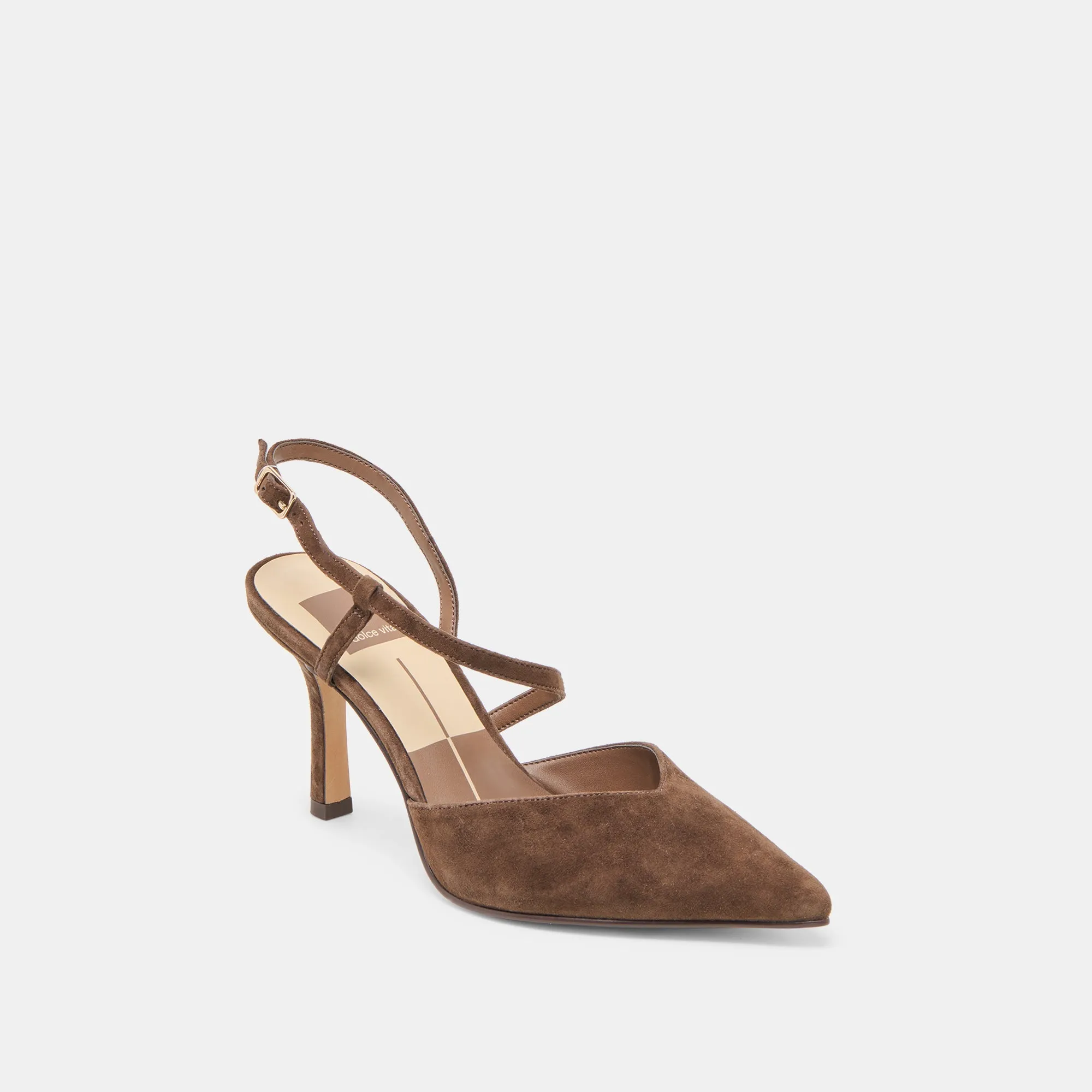 KAMRA HEELS DK BROWN SUEDE Wide Strap Heels Glittery Pumps