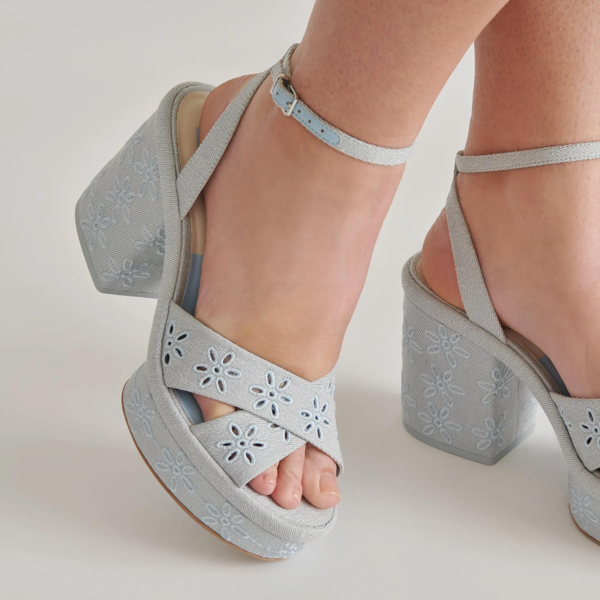 Romantic Heels Comfortable Boots LAISHA HEELS LIGHT BLUE FLORAL EYELET