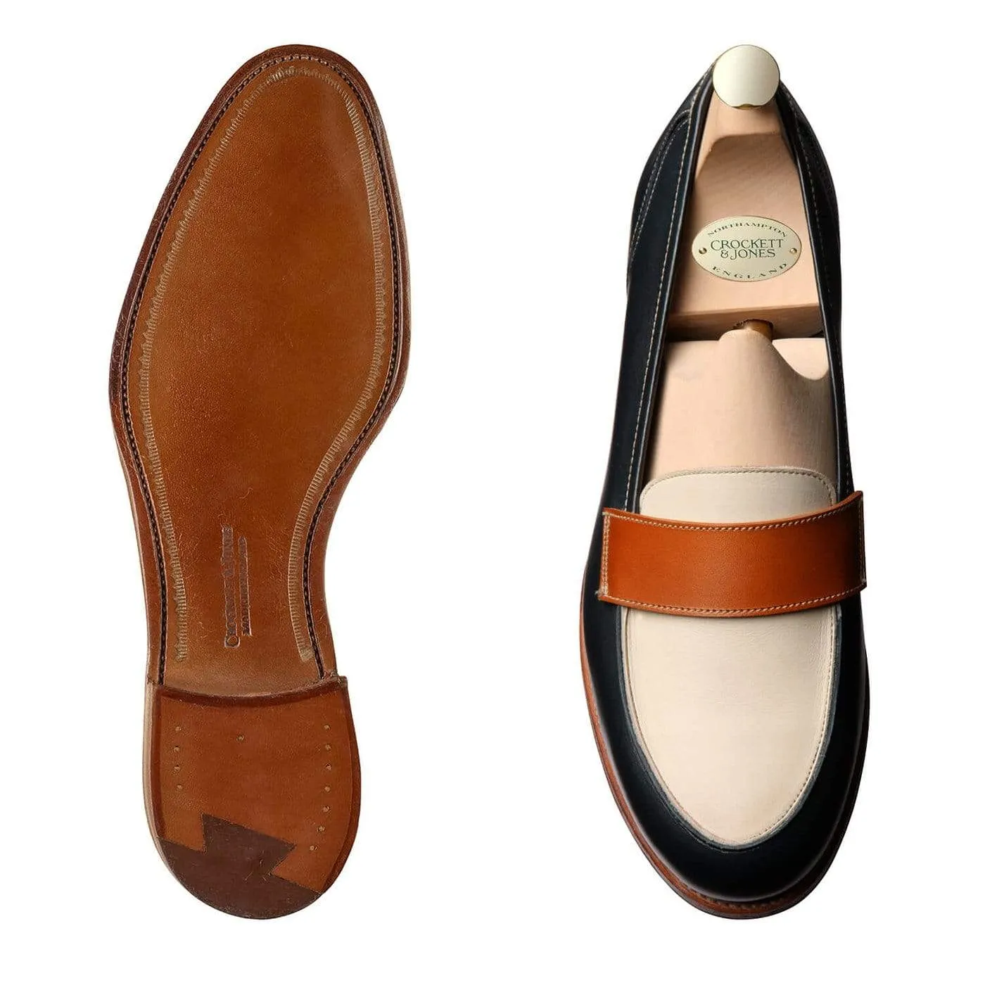 Foot Firm Practical Slip-on Shoes Clare Navy, Ivory & Tan Burnished Calf