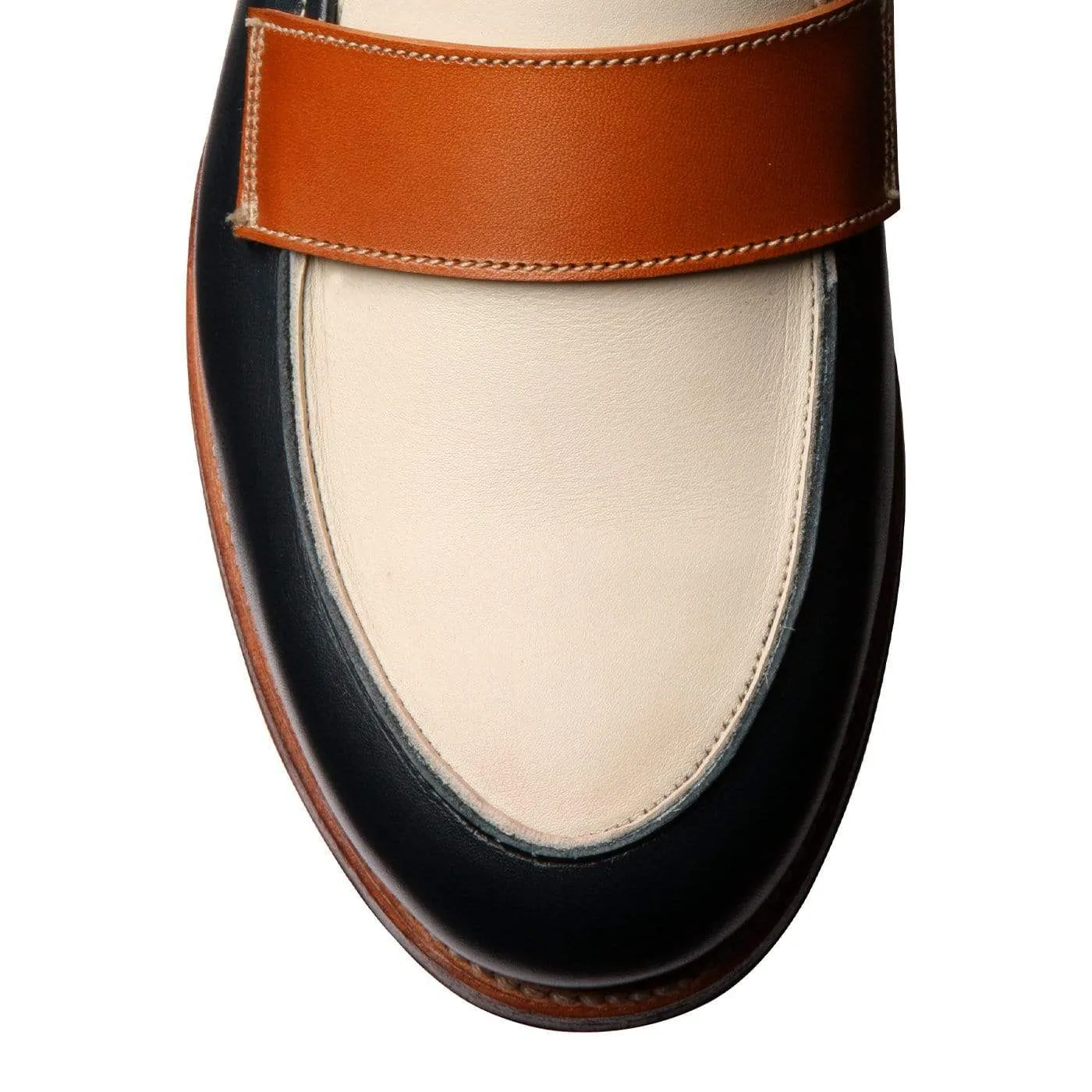Clare Navy, Ivory & Tan Burnished Calf Easy Slip-On Design