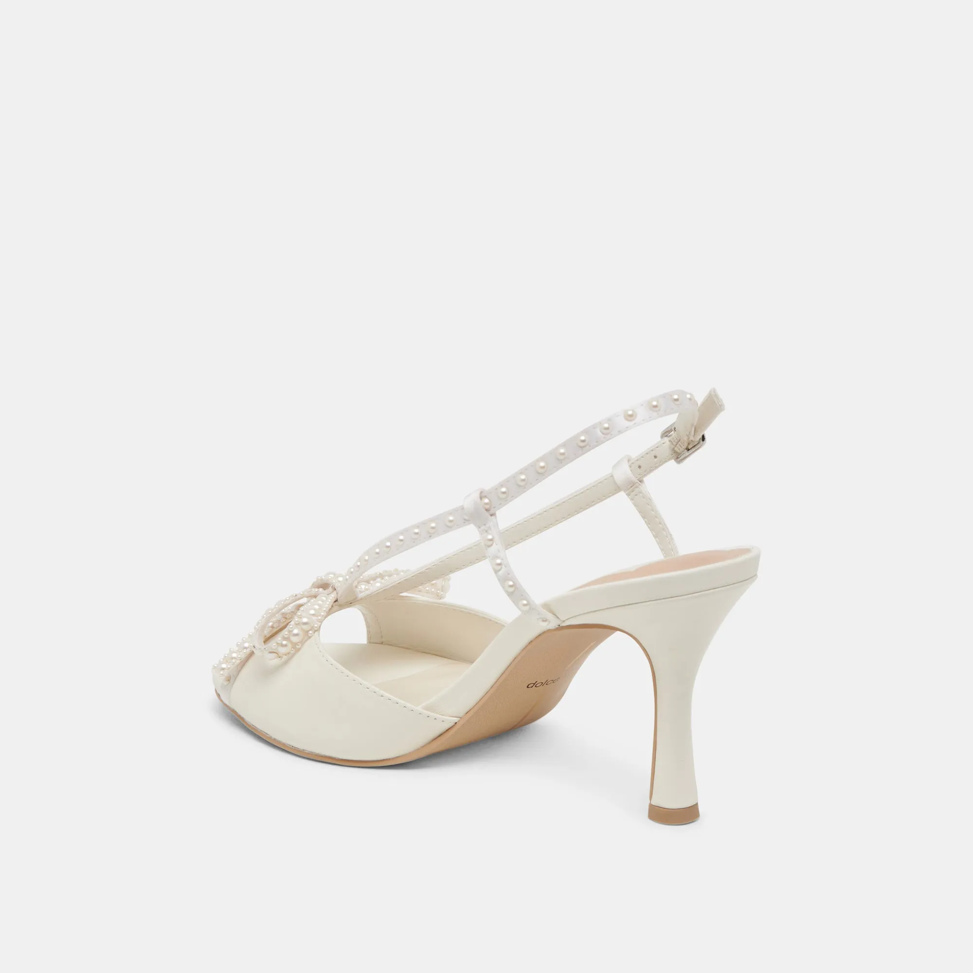 LONNY PEARL HEELS WHITE SATIN Bold Stilettos Vintage Style Heels