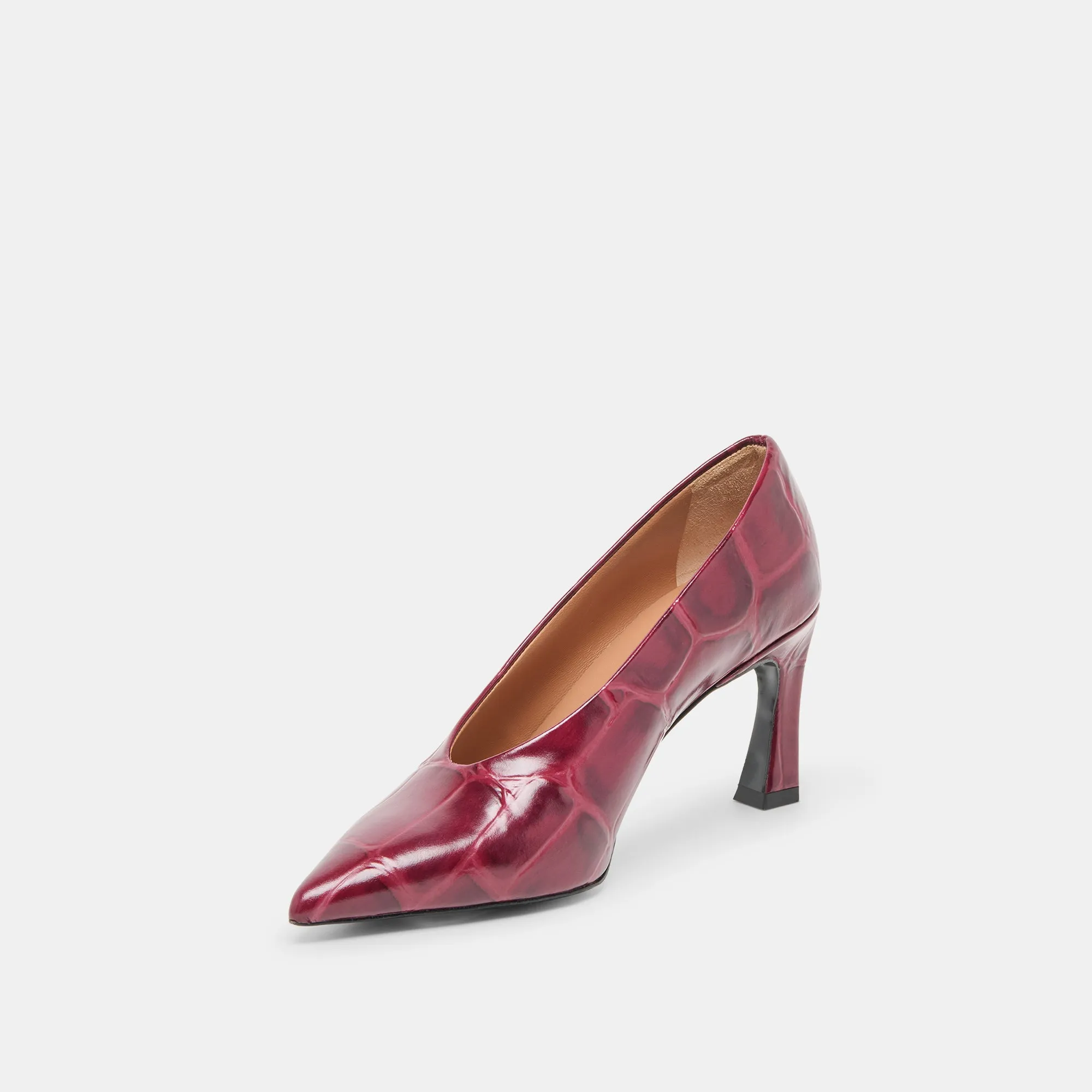 Classic Dress Shoes Luxurious Sandals MIDGE HEELS BURGUNDY CROCO EMBOSSED LEATHER