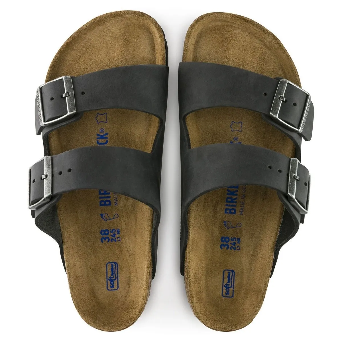 Birkenstock Men's Arizona Soft Footbed Black Oiled Leather Breathable Summer Footwear Adjustable Strap