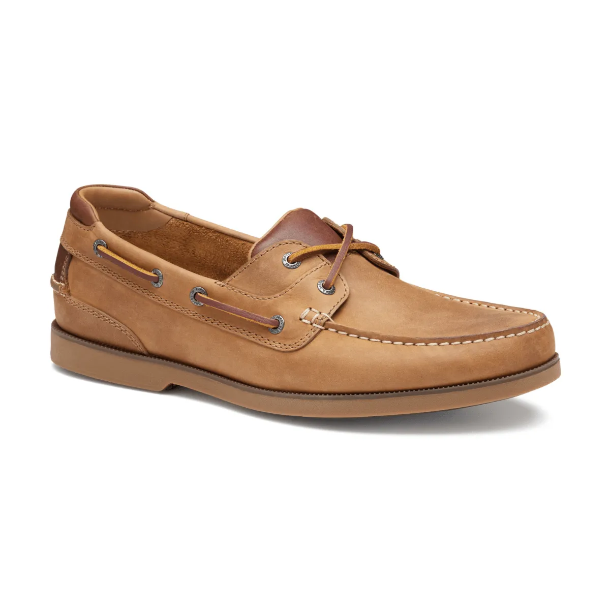 Johnston & Murphy Men's Ventura 2-Eye Boat Shoe Tan Full Grain Stacked Heel Leap Run