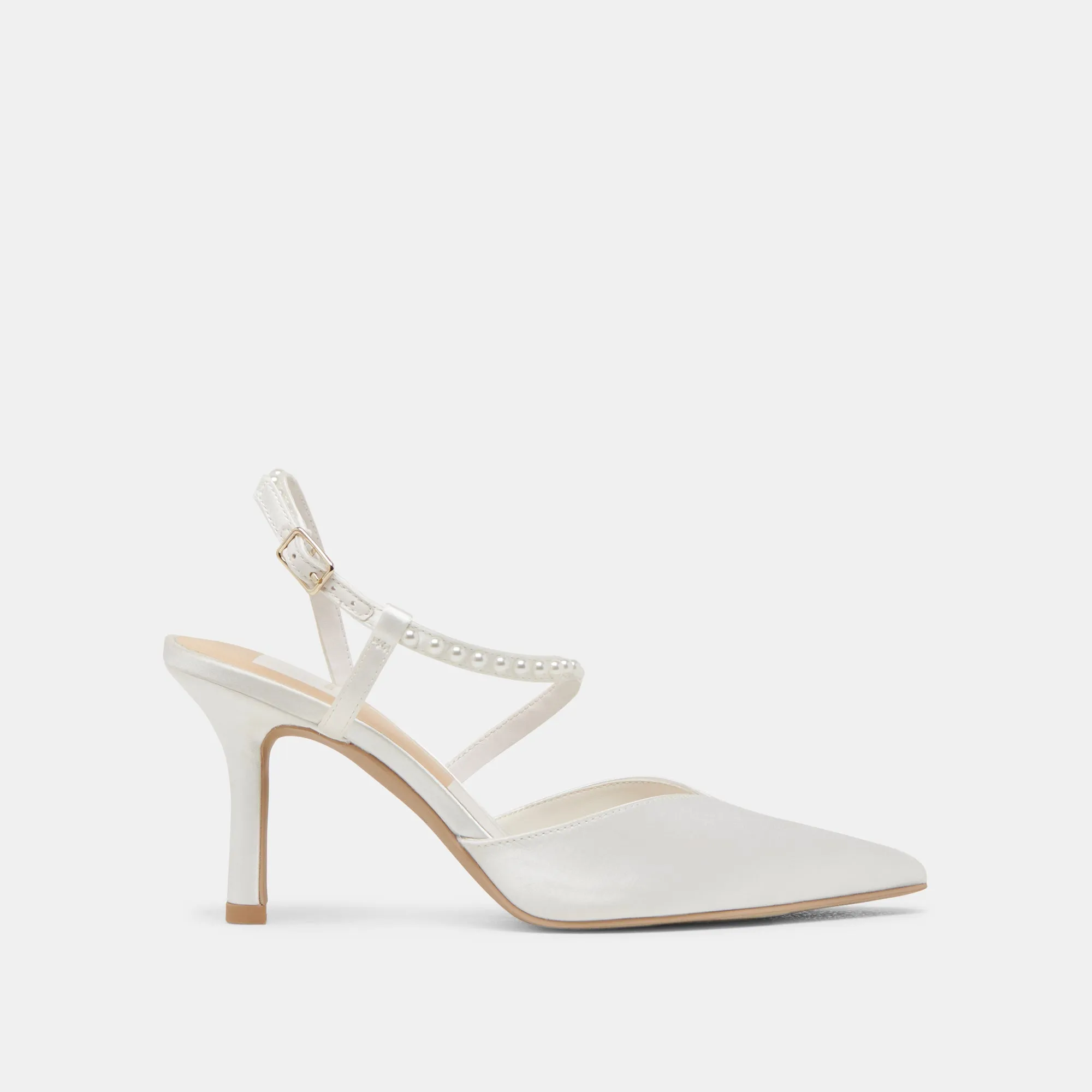 KAMRA PEARL HEELS TRUE WHITE SATIN Leather Upper Luxury Footwear