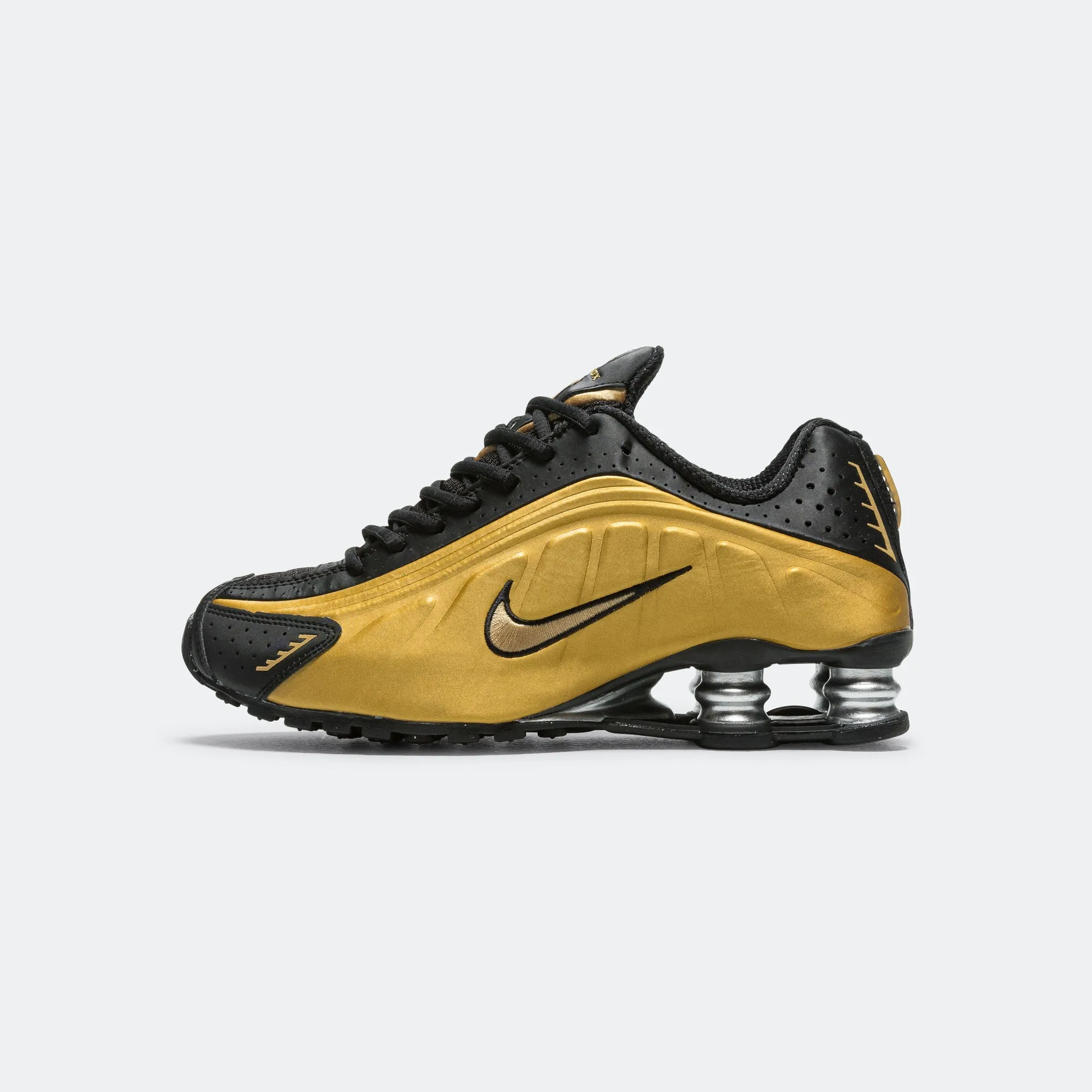 Smart Ease Structured ease Womens Shox R4 - Black/Metallic Gold-Metallic Silver