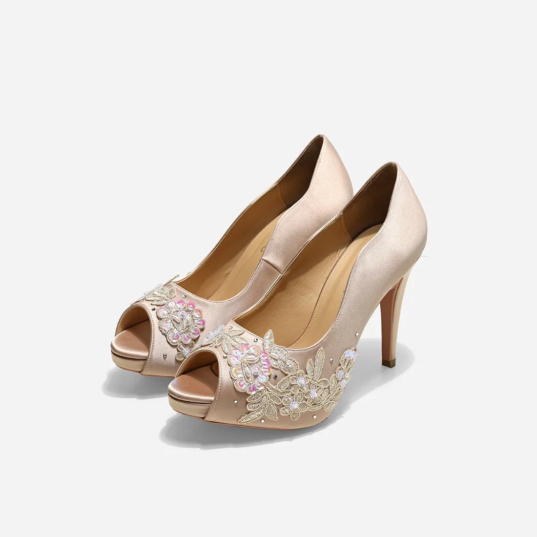Rose Champagne Love Story Beige Lace Wedding Pumps Fall Fashion Pumps Elastic Goring