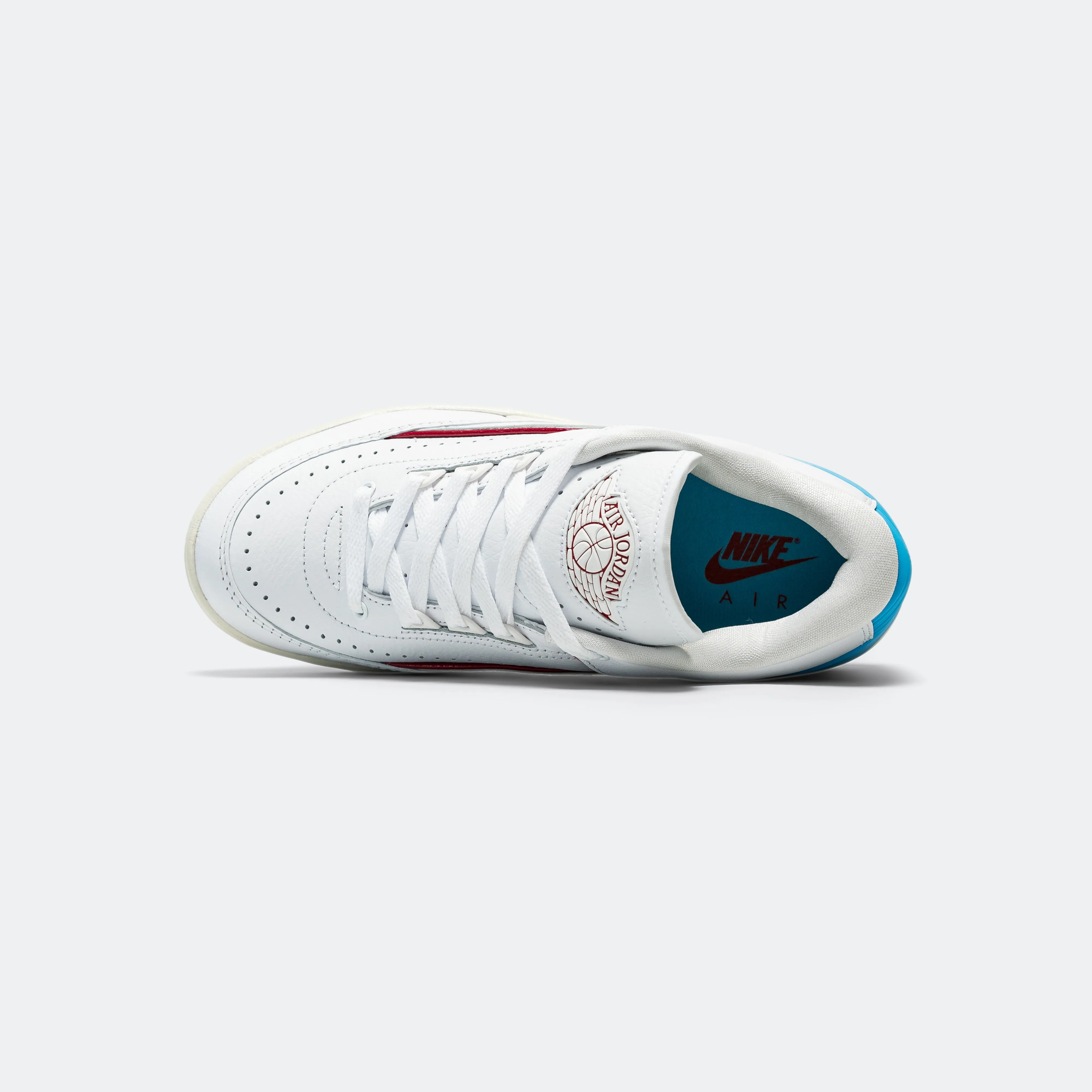 Womens Air Jordan 2 Retro Low - White/Gym Red-Dk Powder Blue-Sail Weight Balance Recycled Polyester Blend