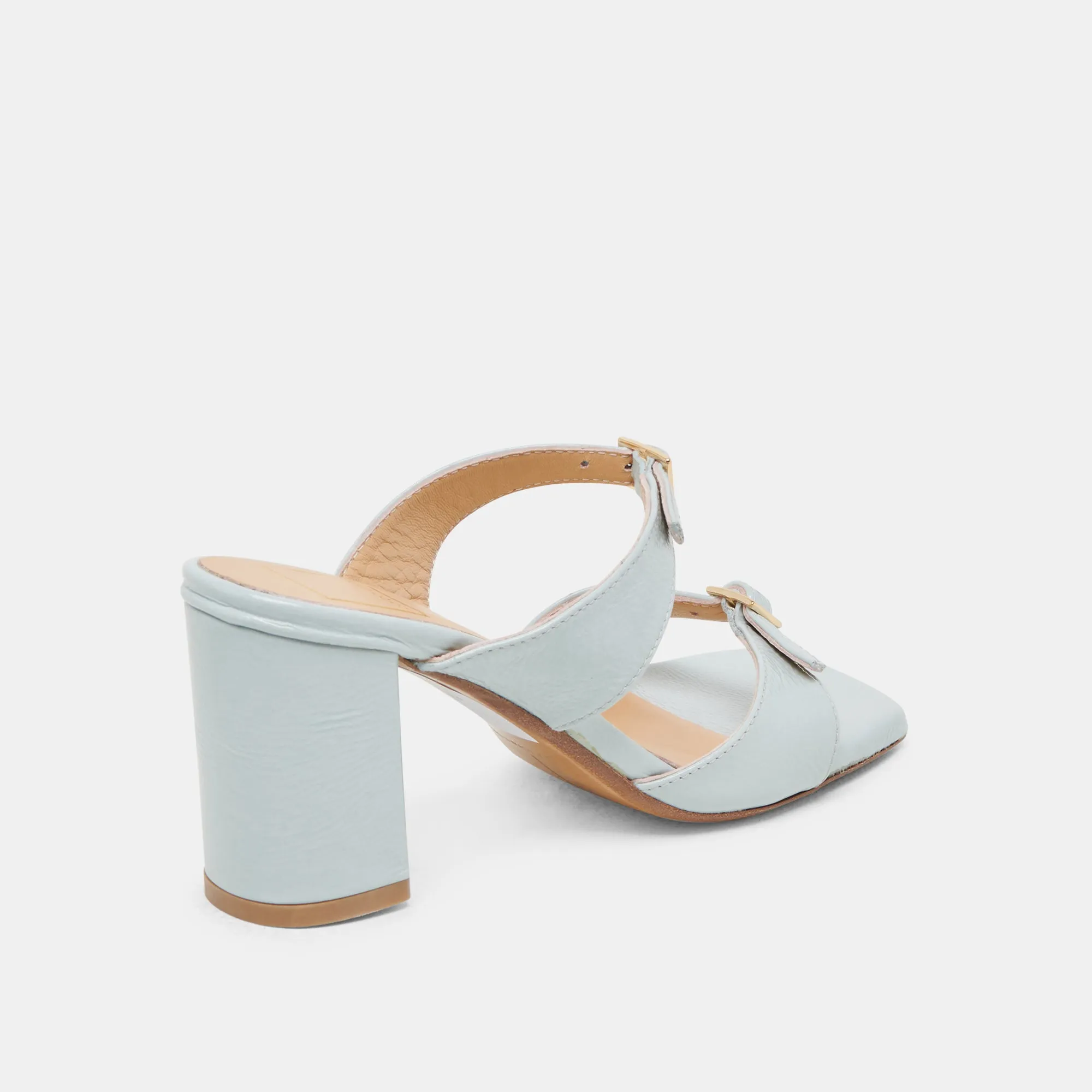 Sleek Sandals Elastic Strap SHANE HEELS ICE BLUE CRINKLE PATENT
