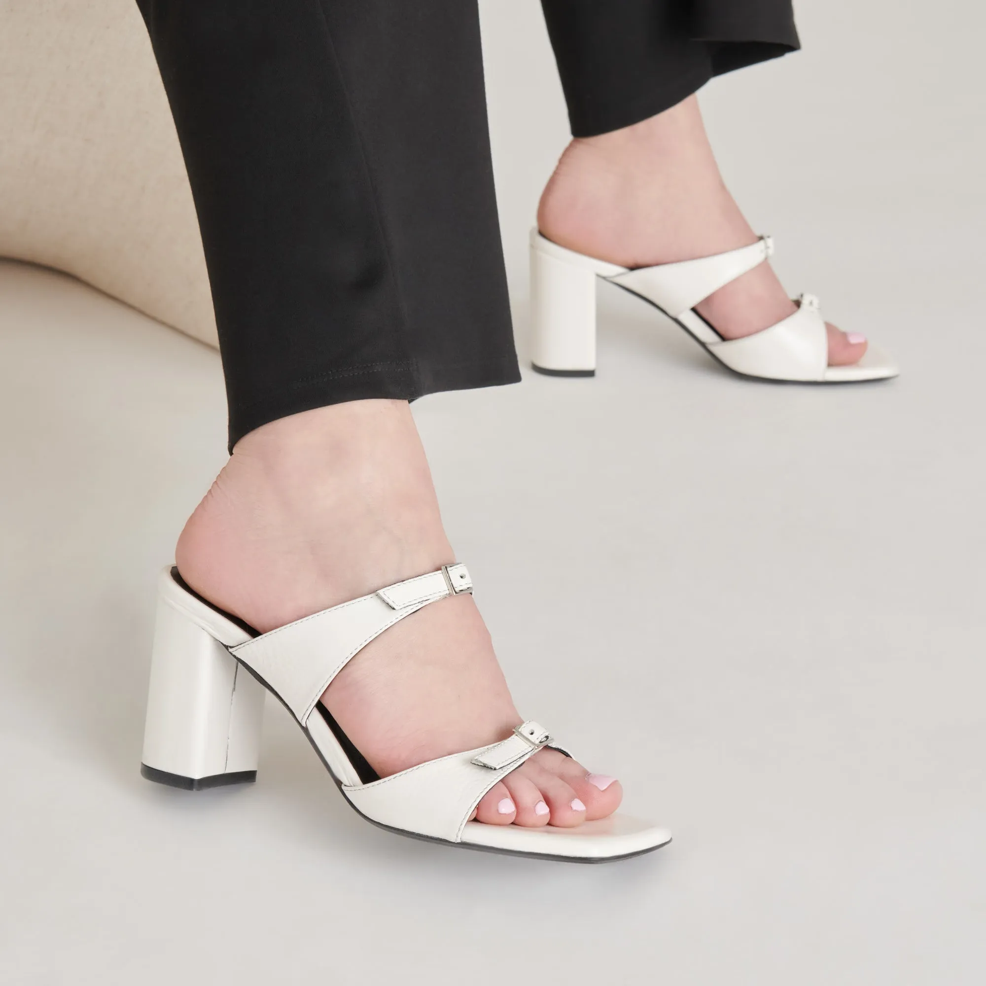 SHANE HEELS OFF WHITE CRINKLE PATENT Classy Sandals