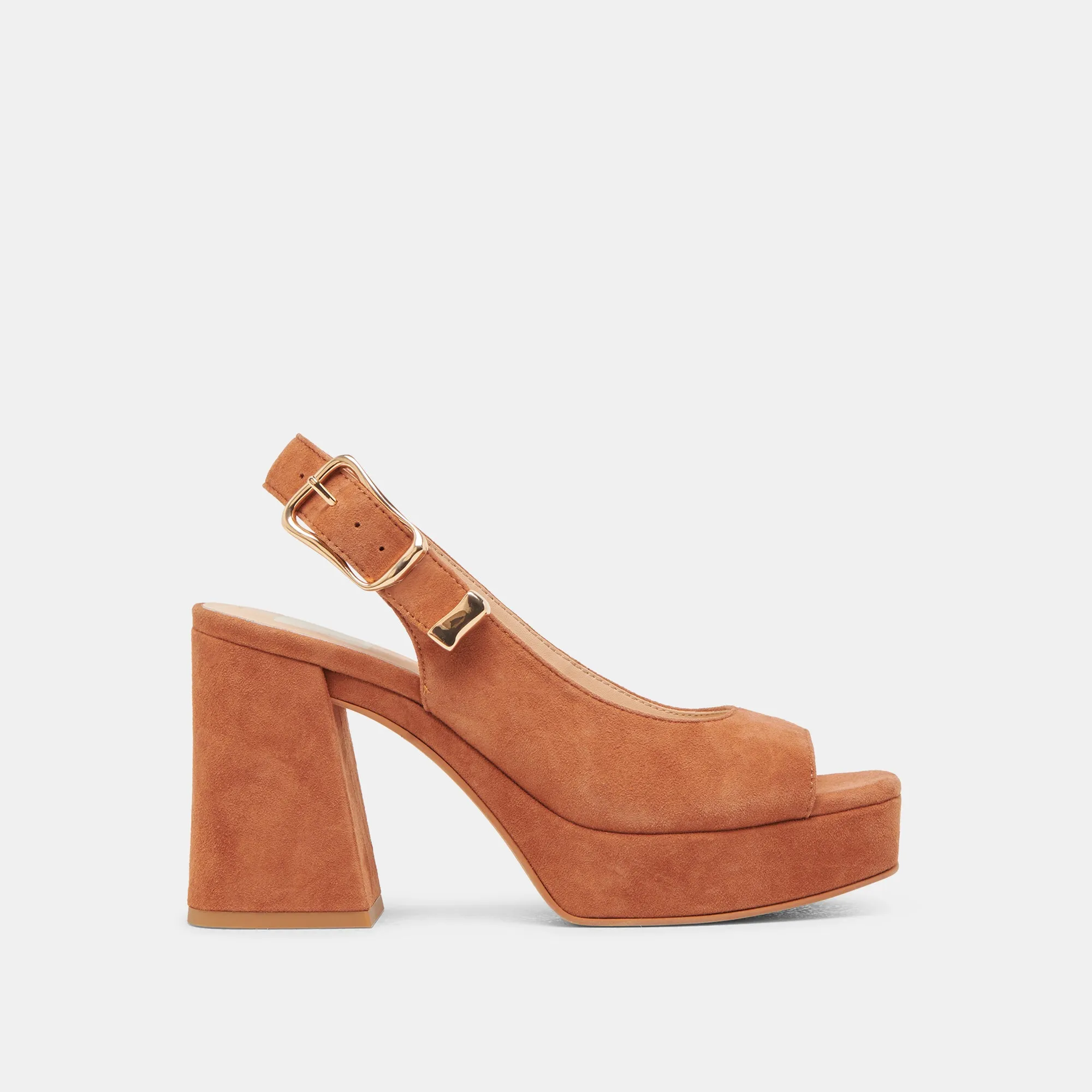 FLORES HEELS CARAMEL SUEDE Buckle Detail Comfortable Buckle