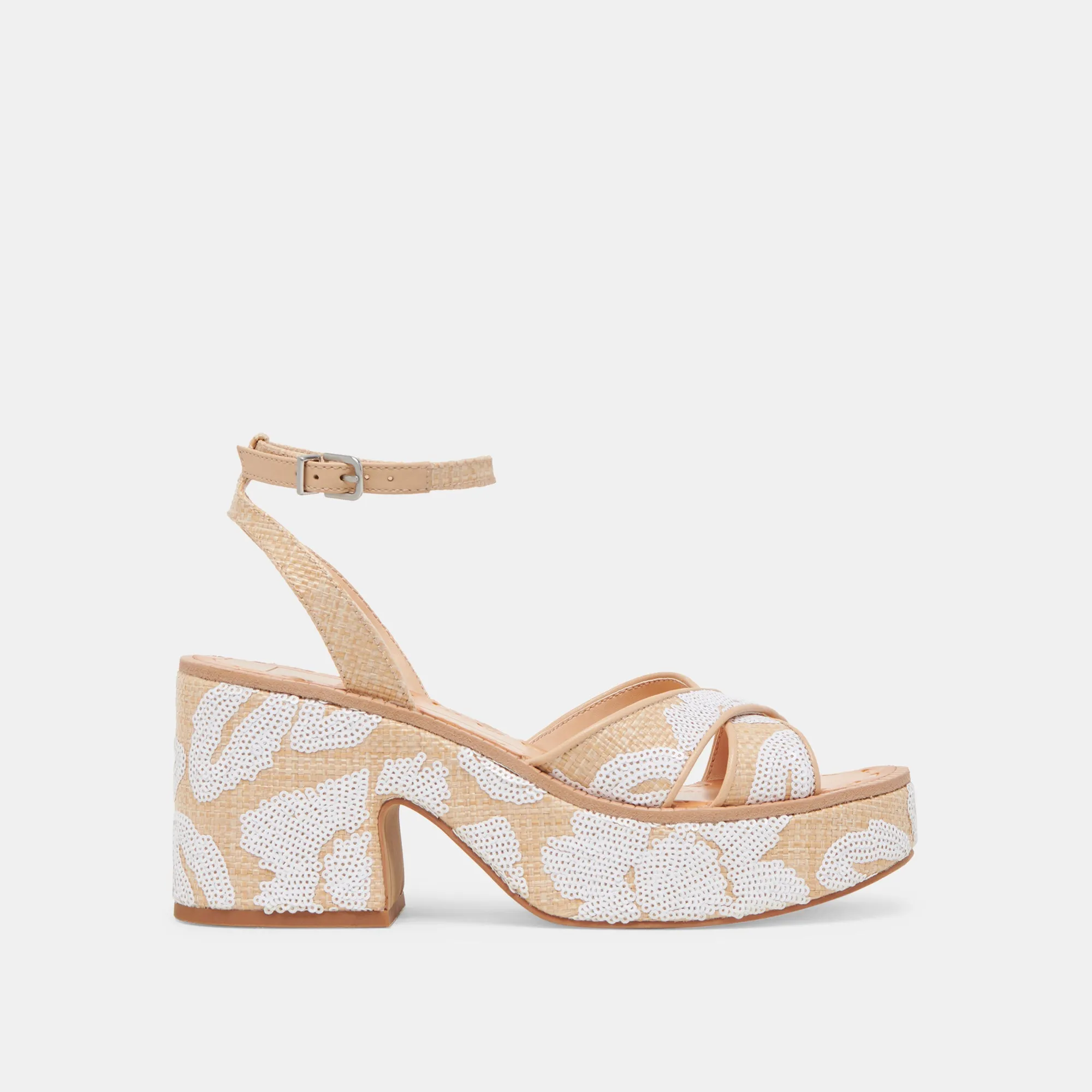 ENIKO HEELS NATURAL MULTI FLORAL SEQUIN Flexible Slip On Style