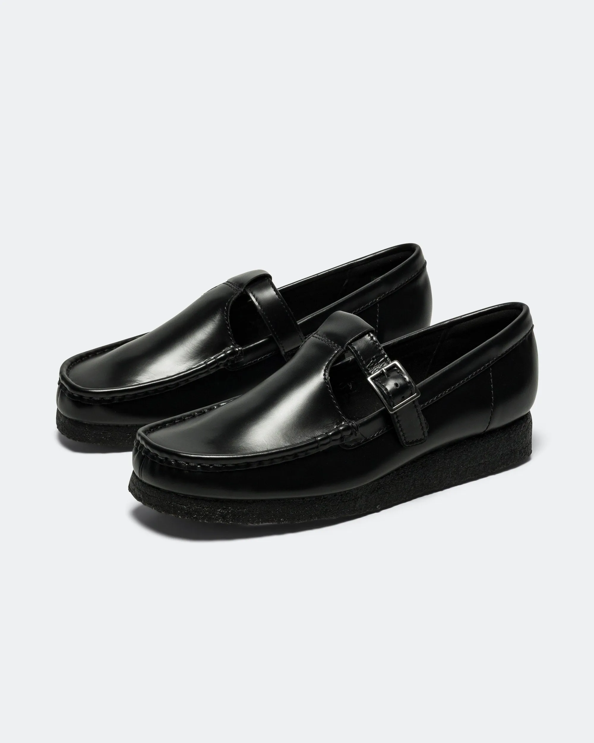 Womens Wallabee T Bar - Black Leather Smooth Design