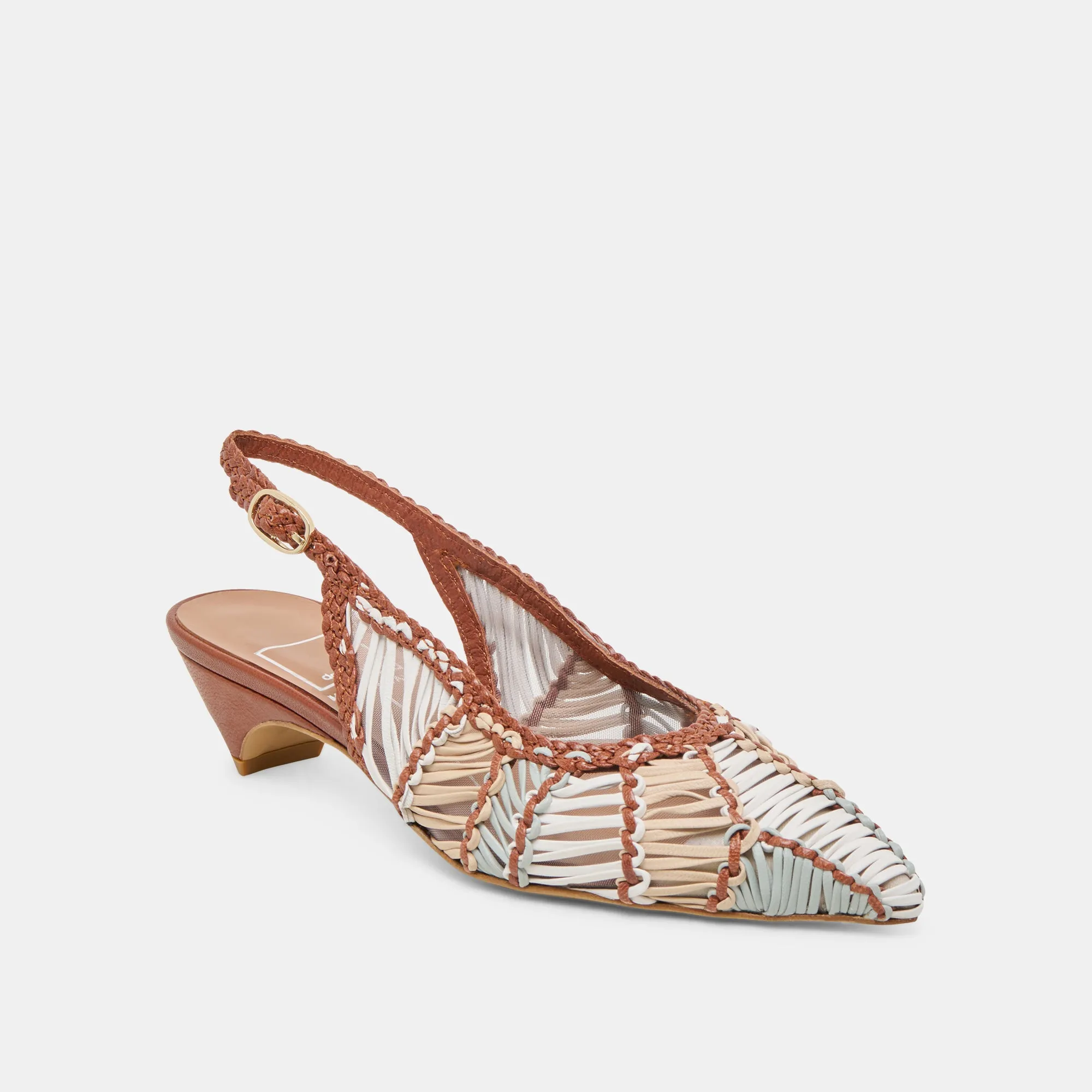 DAFNEY HEELS TAN MULTI WOVEN LEATHER Laser cut