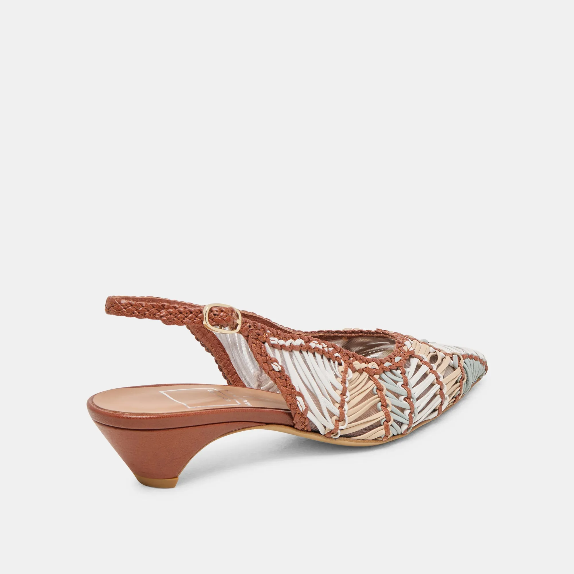 anti static DAFNEY HEELS TAN MULTI WOVEN LEATHER