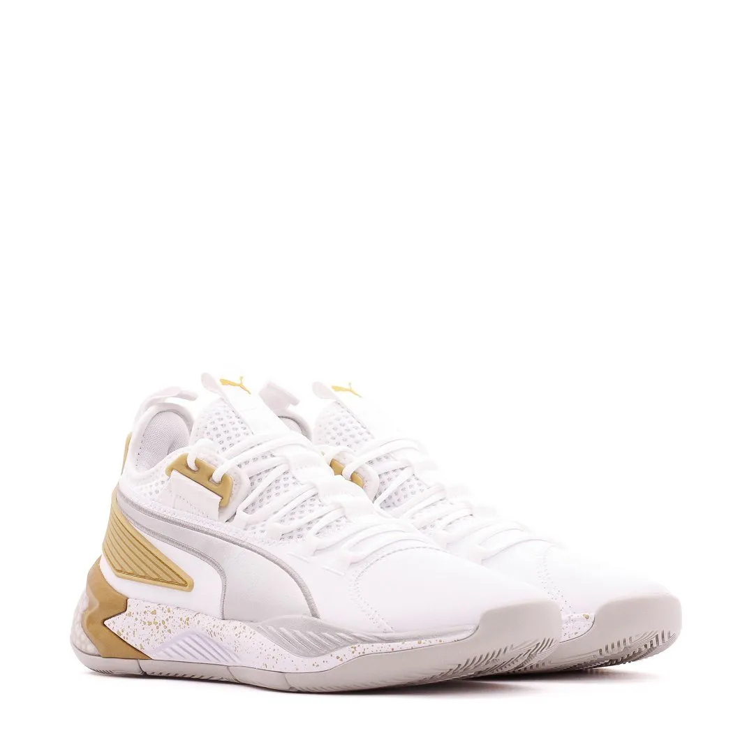 Puma Basketball Uproar Hybrid Court White Metallic Silver Men 192775-09 Thermoplastic Frame Hyperbolic Heel Lock