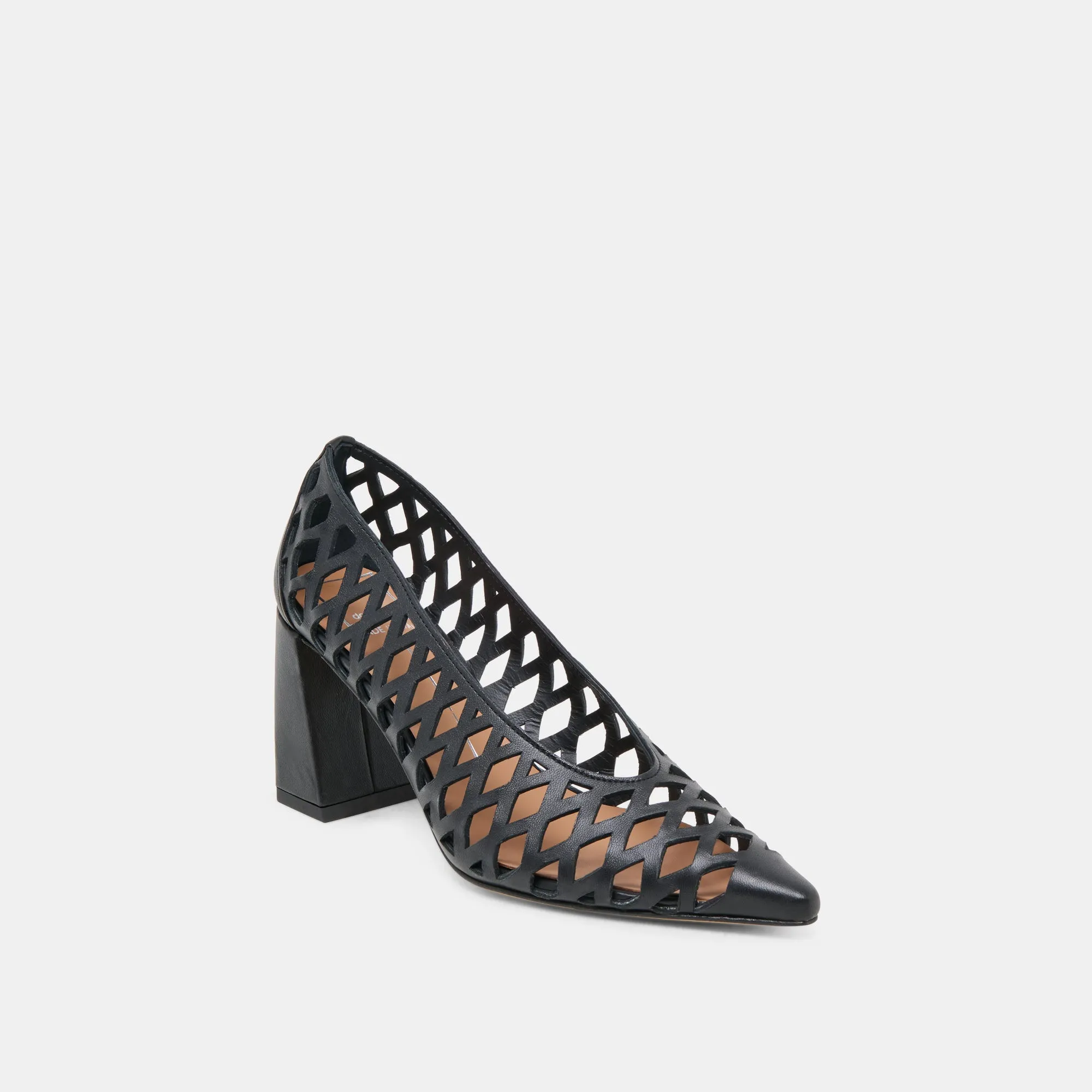 TANYA HEELS BLACK WOVEN LEATHER Removable Footbed Casual Office Heels