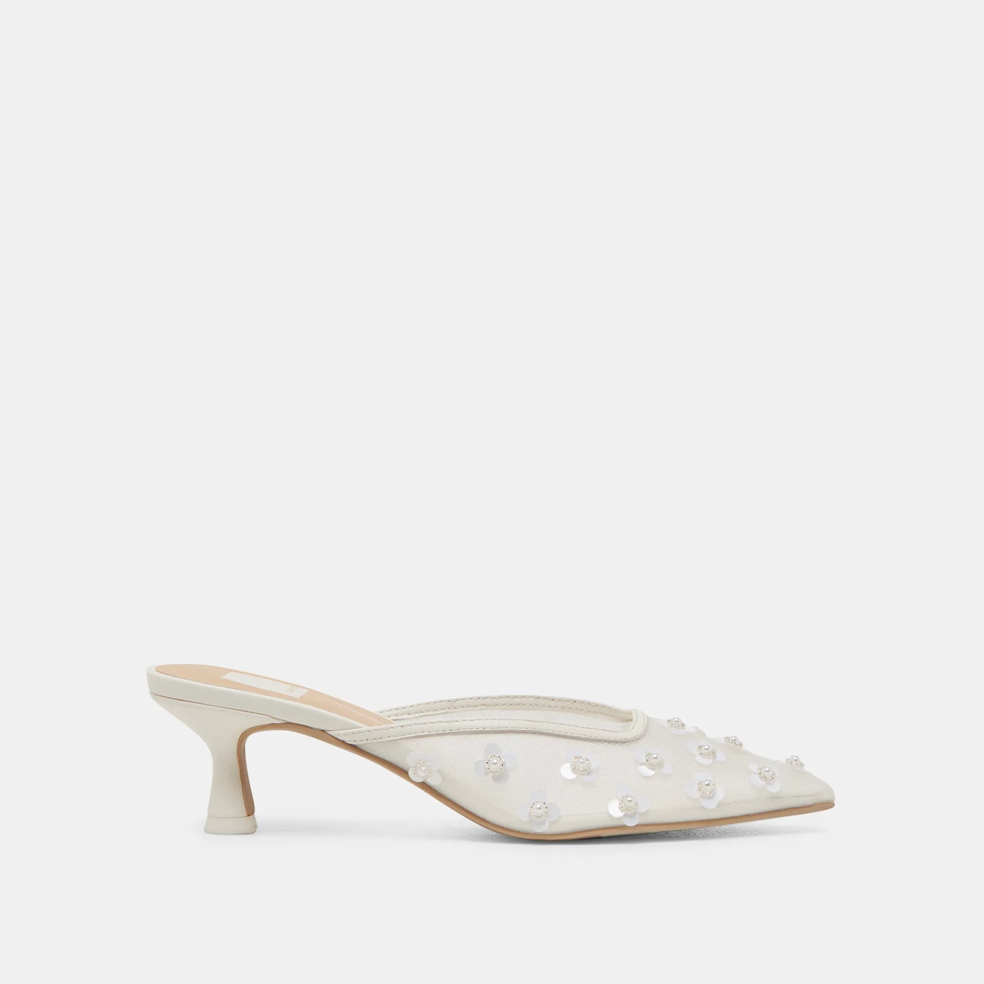 Embroidered Sophisticated CLARA PEARL HEELS TRUE WHITE DAISY MESH