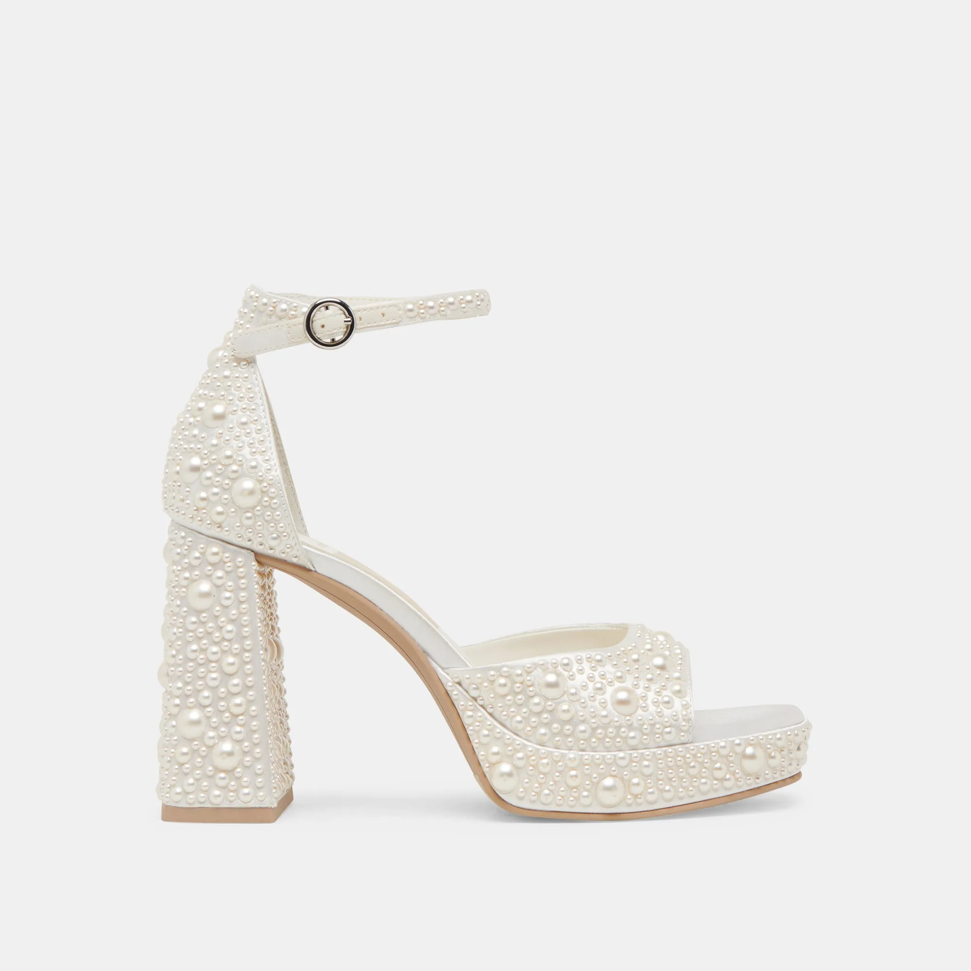PANDRO PEARL WIDE HEELS TRUE WHITE SATIN Luxe Evening Heels