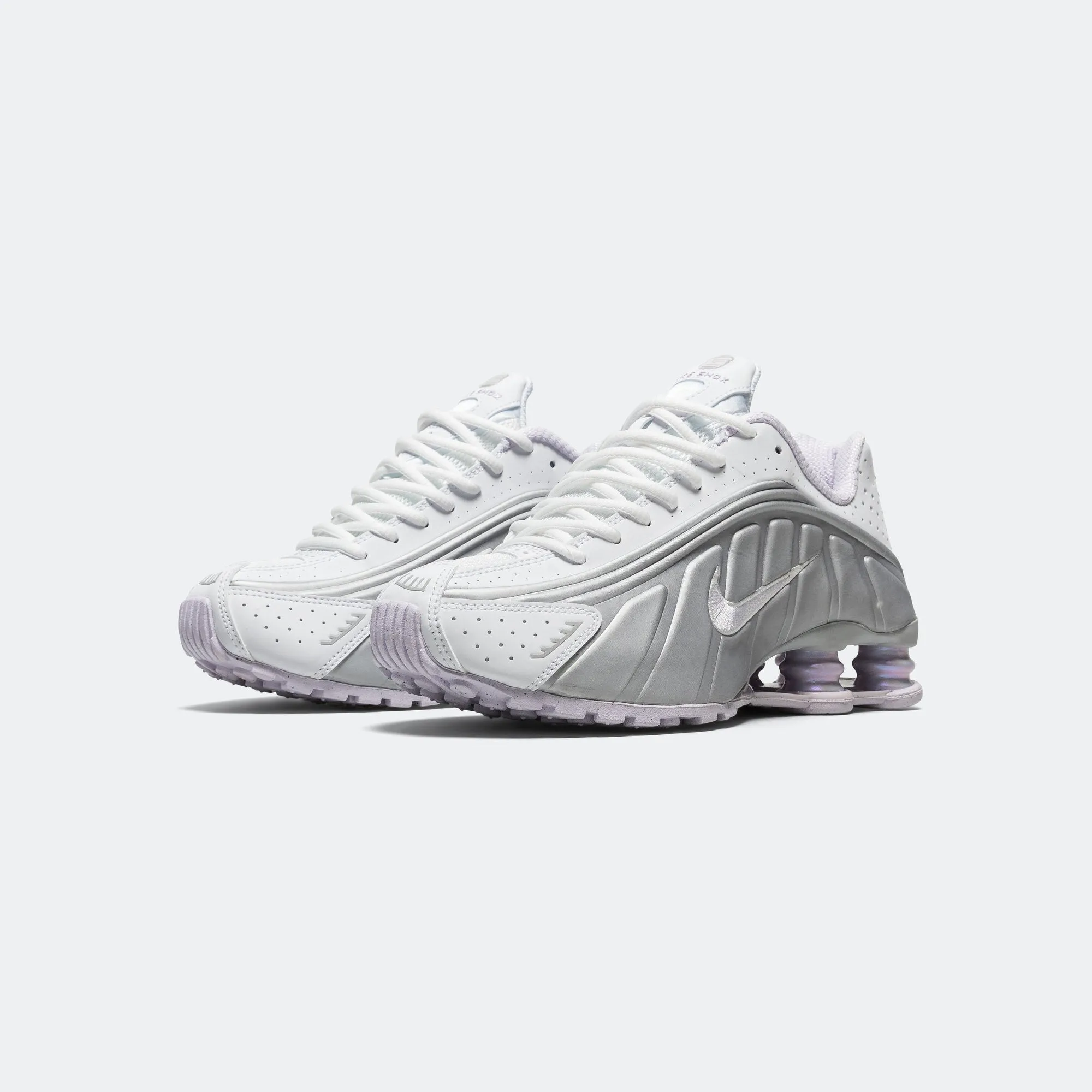Womens Shox R4 - White/Barely Grape-Metallic Platinum Layered Comfort Neutral Use